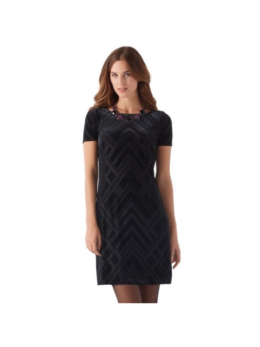 White House Black Market Black Geometric Short-Sleeve Shift Dress